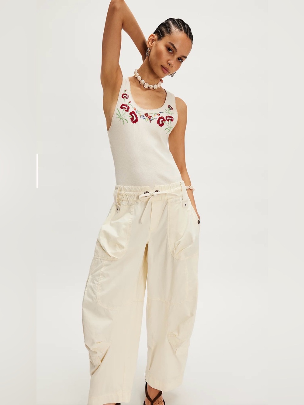 Free People Cream Knit Floral-Embroidered Tank